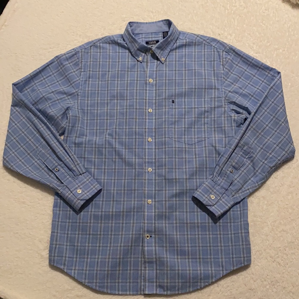 IZOD Men’s Light Blue Plaid Button Down Dress Shirt Size M